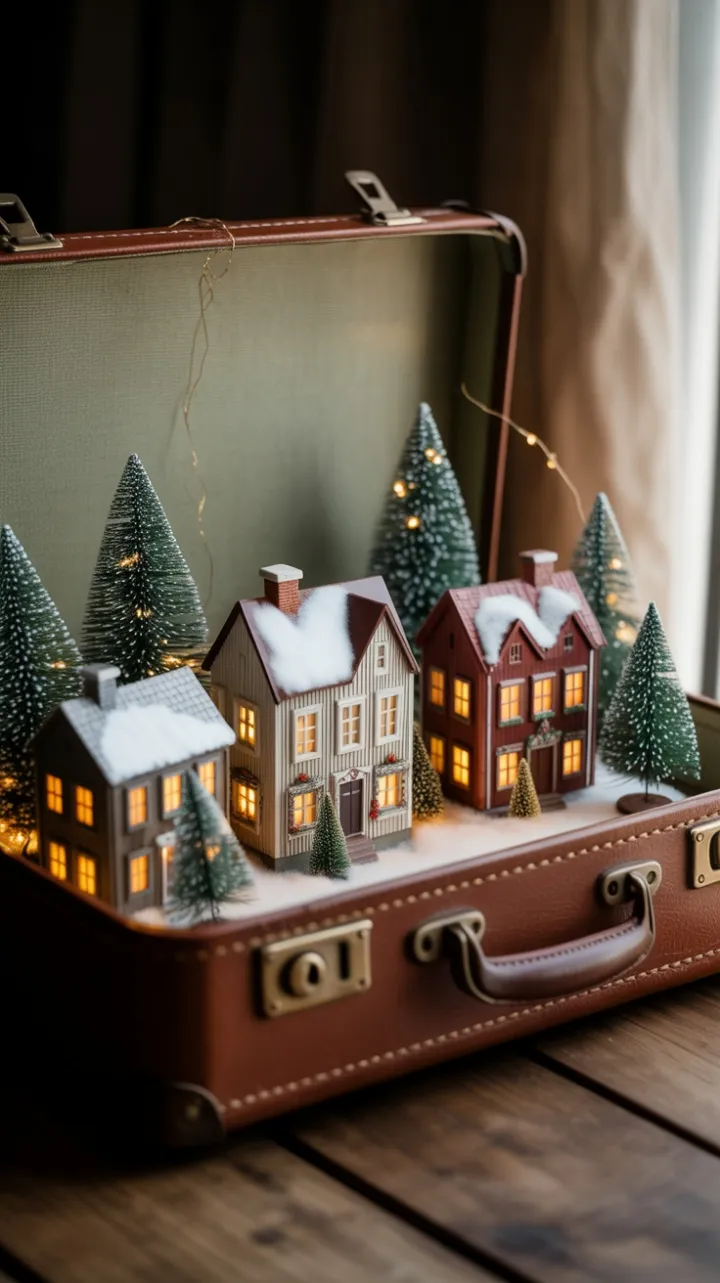 A Vintage Suitcase Holds a Snow-Dusted Miniature Christmas Village