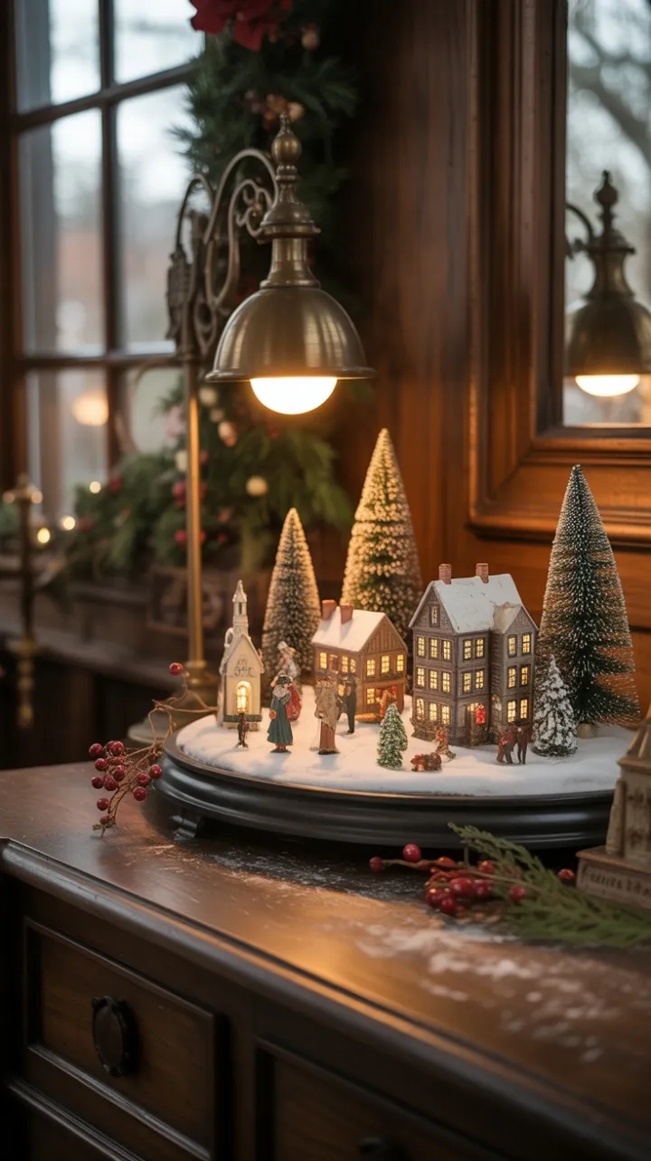 Lamplit Victorian Village in an Antique Holiday Corner