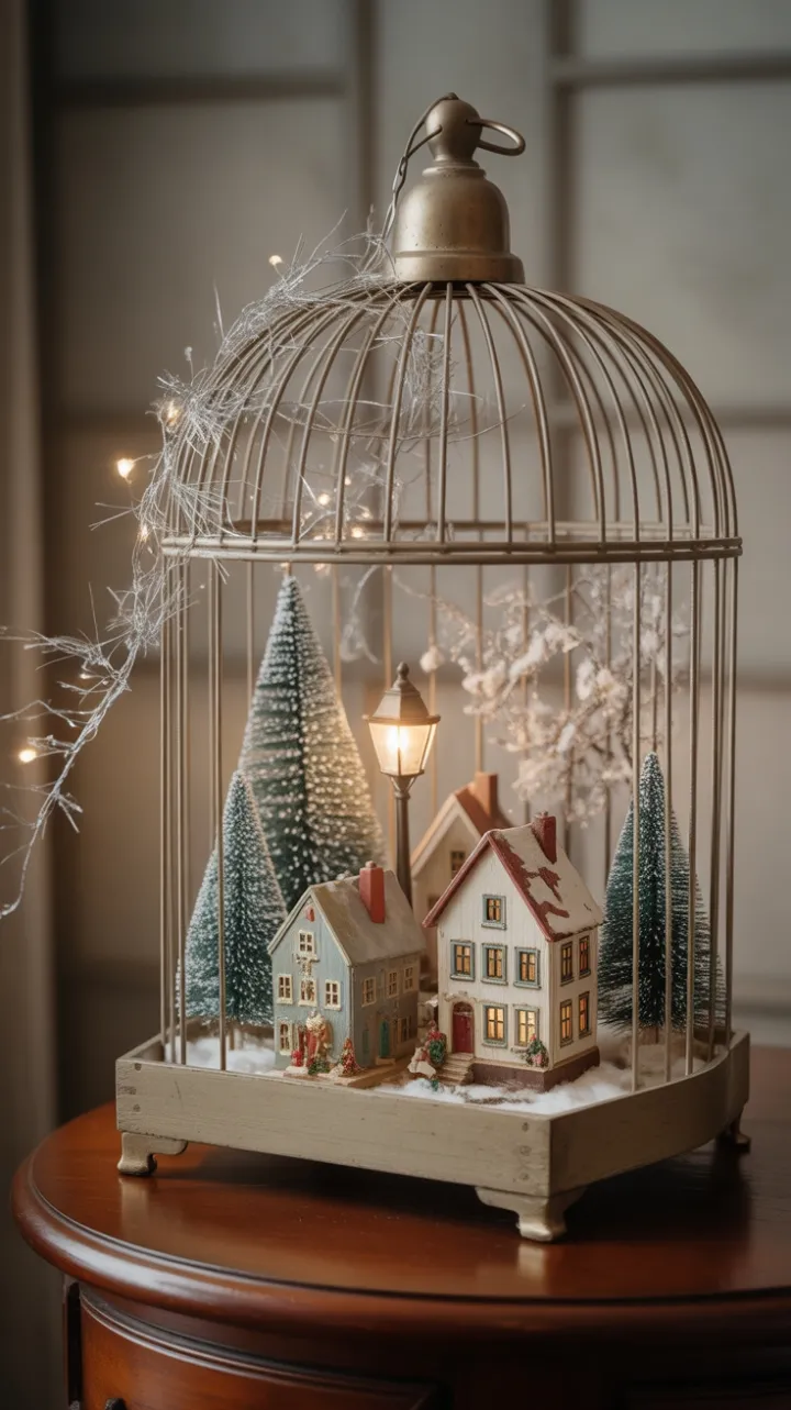 Nostalgic Christmas Village Cradled in a Vintage Birdcage