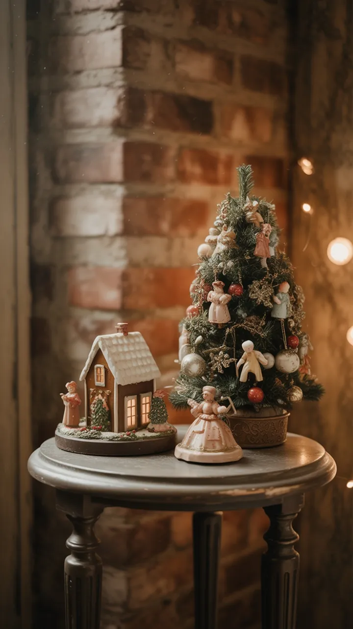 Miniature Yuletide Tableau on a Timeworn Side Table