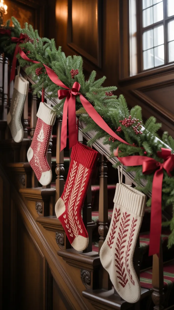 Grand Staircase Draped in Heirloom Garland and Vintage Stockings