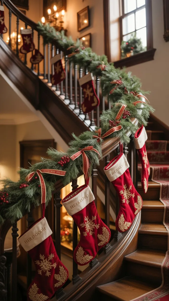 Crimson Ribbons and Heirloom Stockings Ascend the Grand Staircase