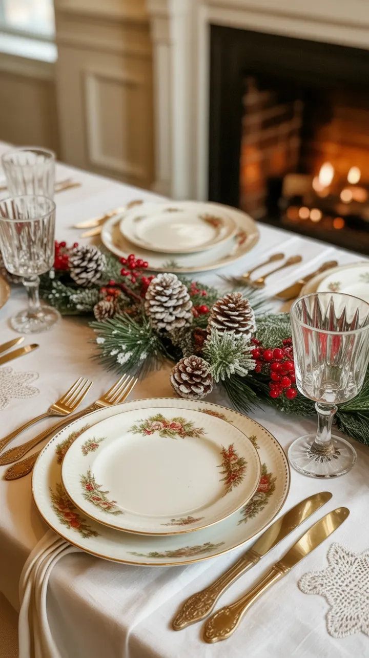 Timeless Holiday Tablescape of Antique China and Frosted Pinecones