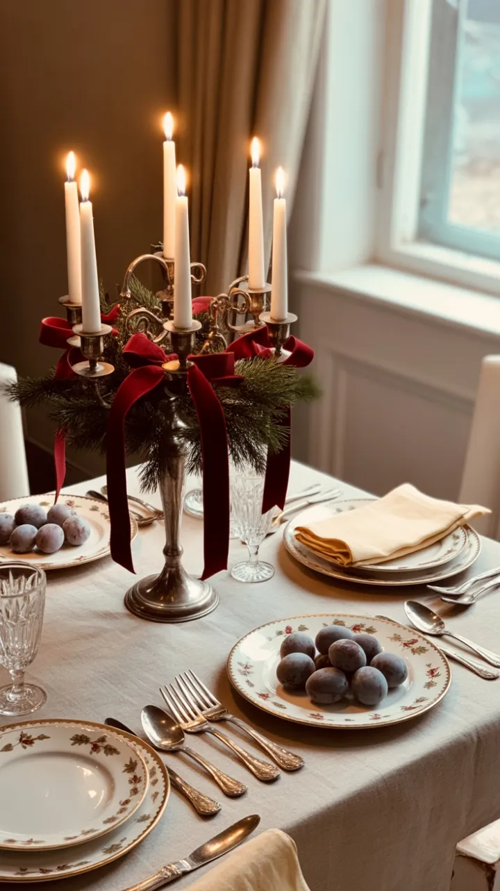 Gilded Holly and Velvet Ribbons Vintage Christmas Tablescape