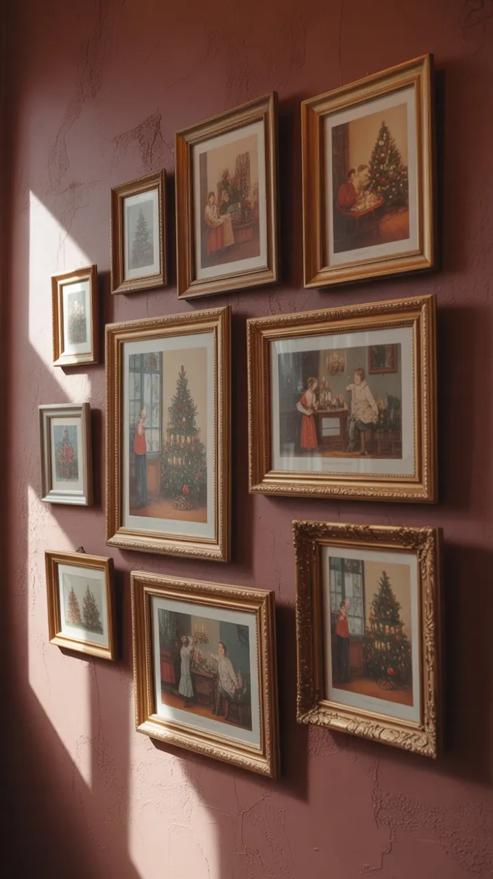 Gilded Yuletide Memories on a Burgundy Wall