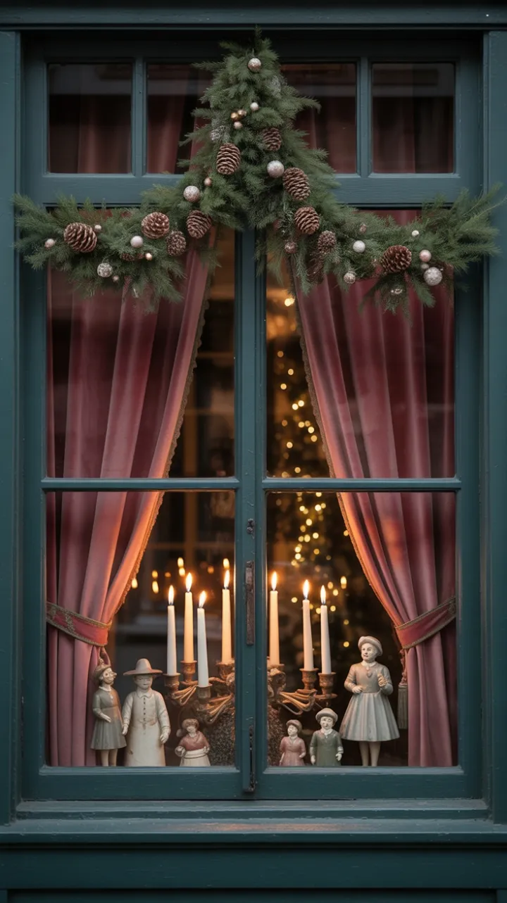 Burgundy Velvet Christmas Window Bathed in Candlelight