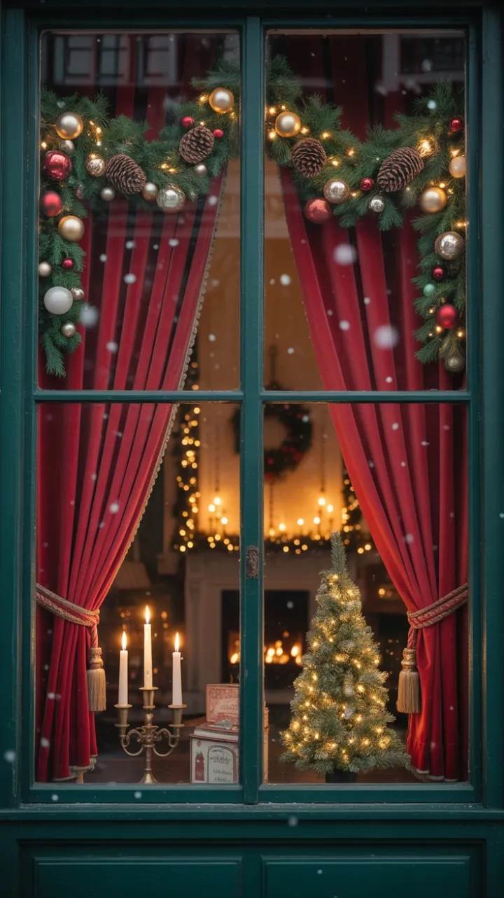 Crimson Velvet Holiday Window Steeped in Vintage Warmth