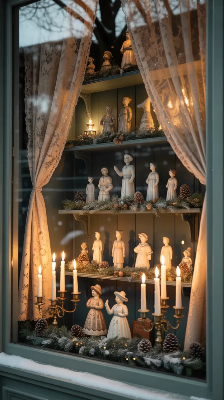 Hearthside Holiday—A Vintage Window of Lace, Brass and Evergreens