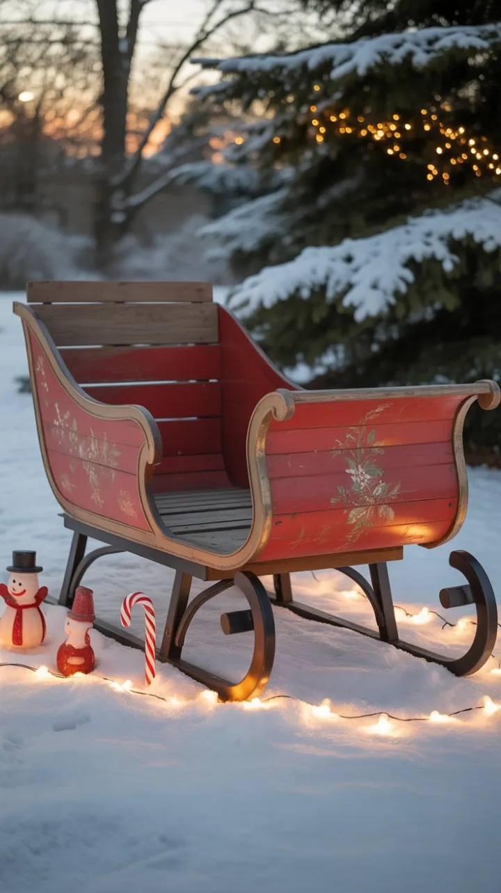 Nostalgic Holiday Glow Around a Faded Red Sleigh