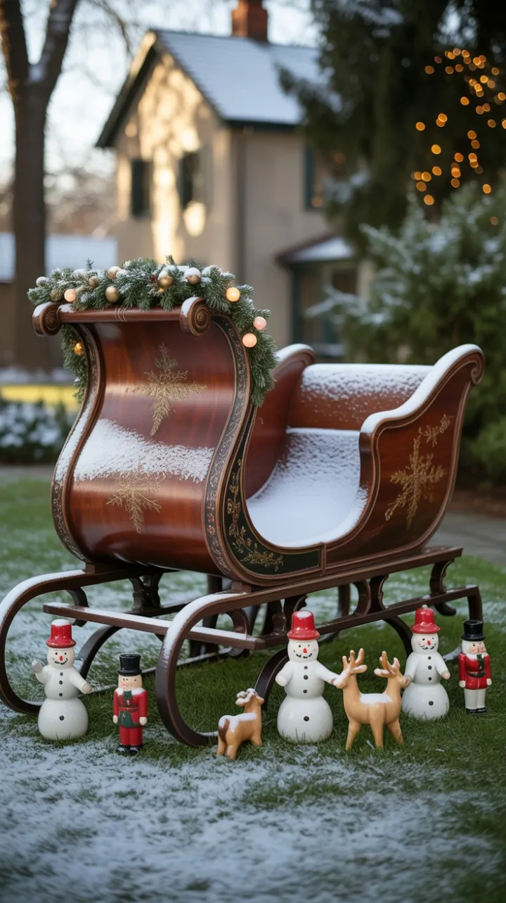 Antique Sleigh Draped in Snow and Holiday Light