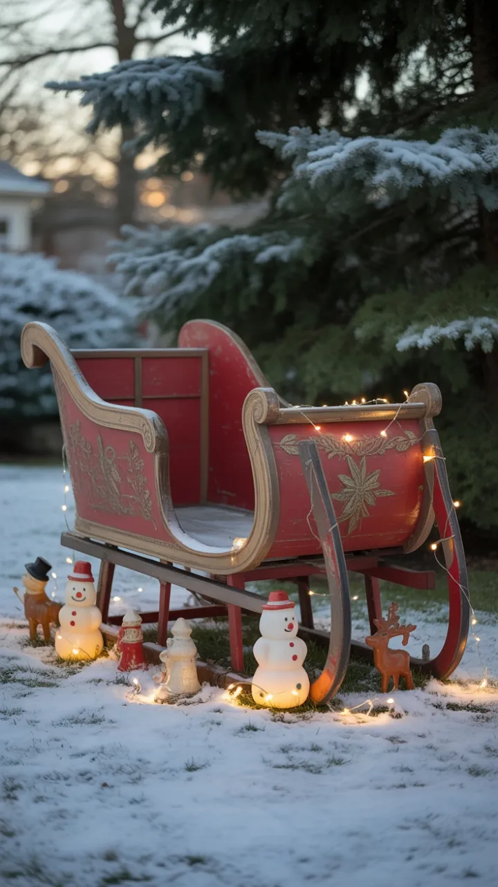 Snow‑Kissed Front Yard with a Vintage Sleigh and Retro Ornaments