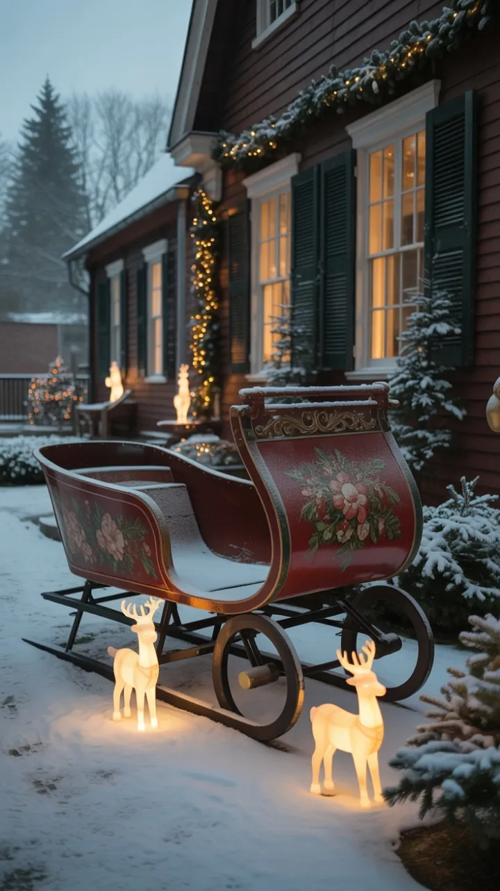 A Vintage Sleigh and Snowy Carolers in a Timeless Holiday Yard