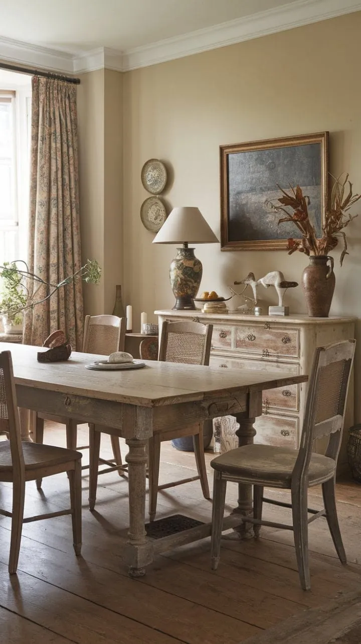Sunlight waltzes across a rustic dining table and charming chairs in a cozy English cottage, setting the stage for cherished conversations and unforgettable memories.
