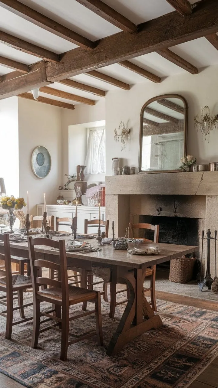 In this enchanting English cottage dining room, flickering candlelight dances over rustic details, evoking a timeless charm that invites cherished memories to linger.