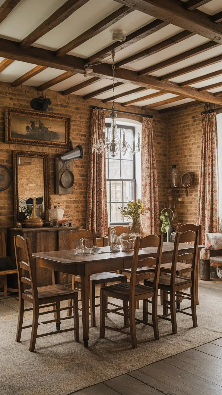 The cozy dining space, adorned with a vintage chandelier and rustic elements, perfectly embodies the charm of cottage interior and farmhouse dining room aesthetics.