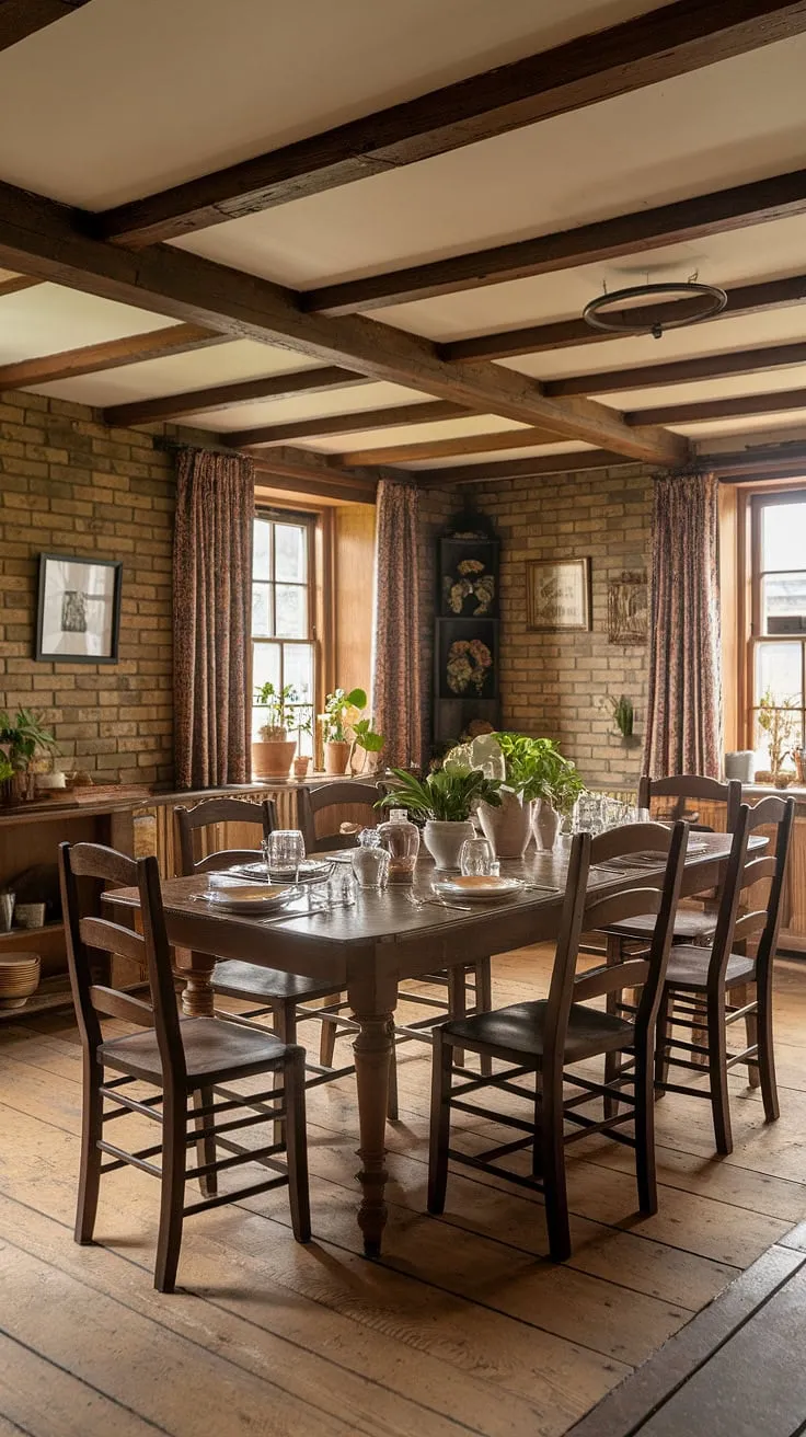 This cozy vintage dining room in an English cottage showcases rustic charm with wooden beams, a large dining table set for a meal, and charming decor, making it the perfect inspiration for vintage home design.