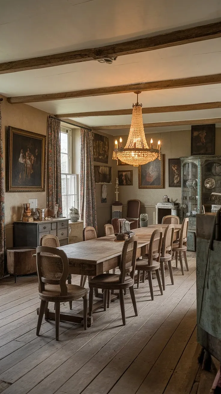 This vintage dining room captures the essence of English cottage style with its rustic ambiance, featuring a long wooden table, vintage chairs, and a cozy atmosphere perfect for dining room inspo.