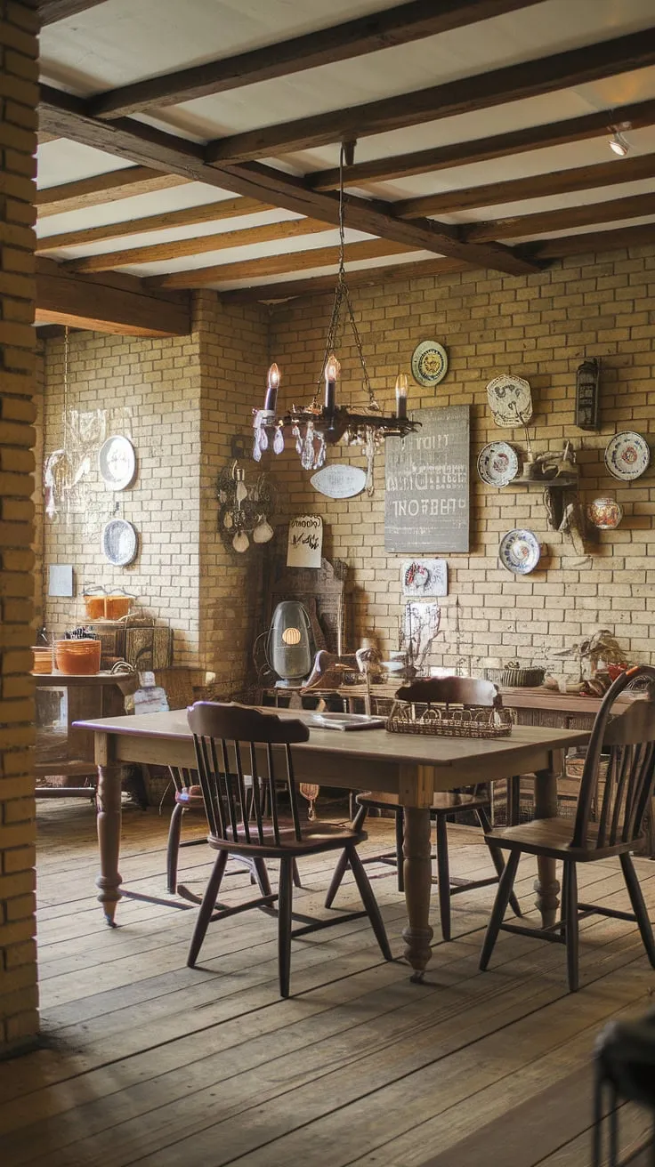 With its wooden beam ceiling, vintage chandelier, and rustic decor, this cozy cottage dining room embodies the warmth of vintage home design and invites you to enjoy intimate meals in a charming setting.