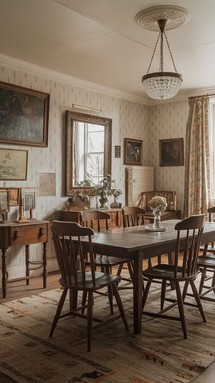 With its vintage chandelier, adorned walls, and warm wooden elements, this cottage interior exemplifies the best of vintage home design and dining room inspo.