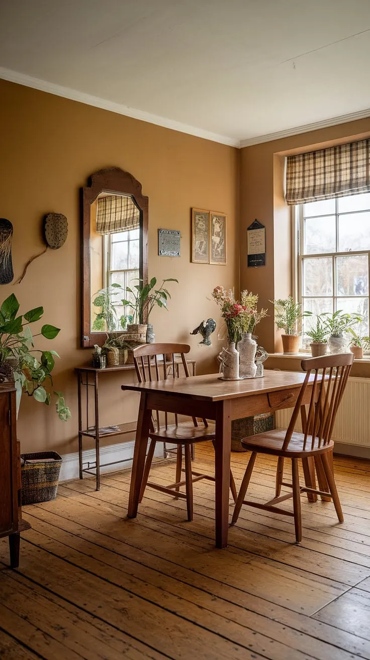 With its inviting atmosphere and vintage home decor, this cottage interior exemplifies the essence of a rustic dining room that feels like a warm embrace.