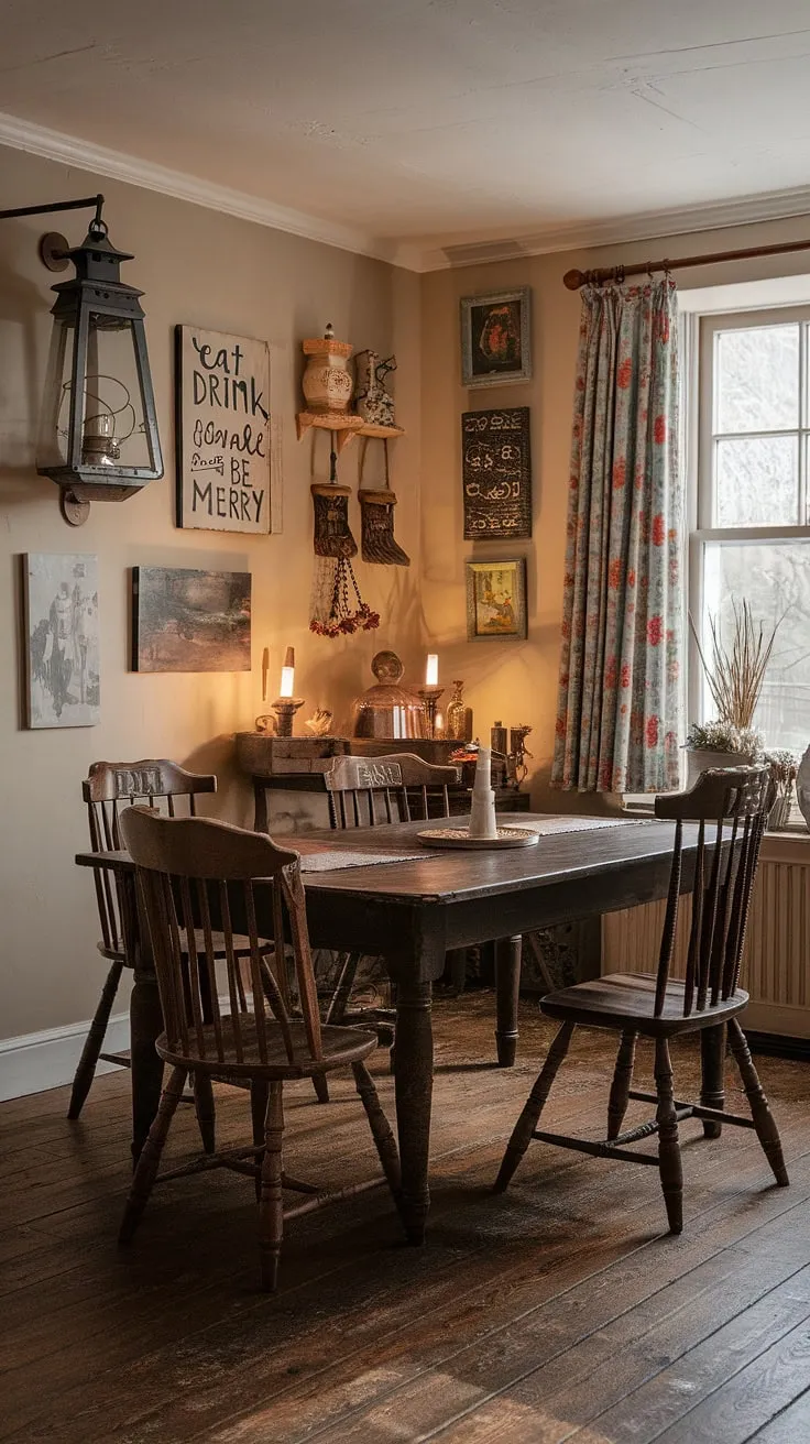 This vintage dining room captures the essence of English cottage style with its rustic farmhouse vibe, dark wood table, vintage chairs, and cozy decor, making it the perfect inspiration for cottage interior enthusiasts.