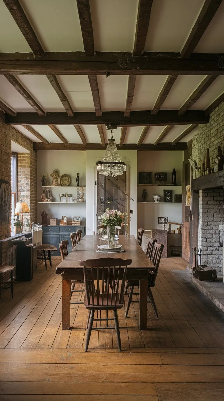 With its warm decor and vintage home design elements, this cottage dining room inspires a cozy dining space that beautifully blends rustic and vintage home decor.