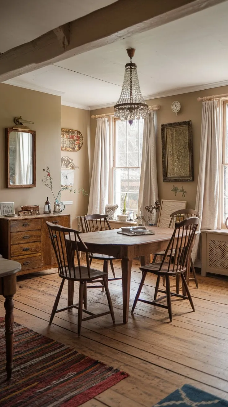 With its charming wooden table, beige walls, and vintage chandelier, this cottage interior captures the essence of a cozy dining space ideal for vintage home design enthusiasts.
