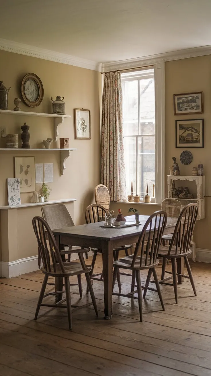 With its rustic wooden table and soft beige walls, this vintage dining room embodies the cozy essence of English cottage style, making it an ideal space for farmhouse dining room inspo.
