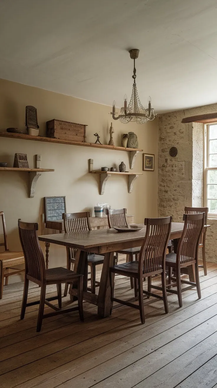 This vintage English cottage-style dining room features a large wooden table, rustic decor, and a cozy ambiance, perfect for inspiring your own vintage home design.
