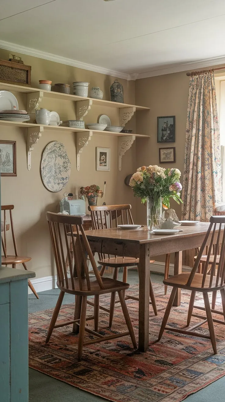 With its wooden furnishings and vintage rug, this rustic dining room captures the essence of vintage home design and cozy dining spaces in English cottage style.