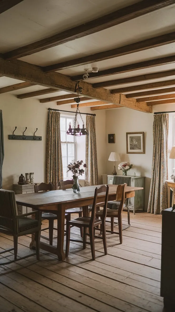 This vintage dining room in an English cottage showcases rustic charm with its wooden beam ceiling and cozy decor, making it the perfect inspo for vintage home design and cottage interiors.