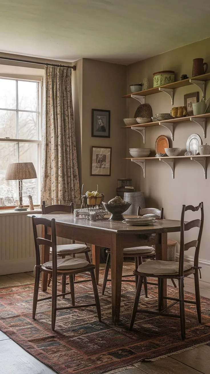 With its beige walls, cushioned chairs, and charming shelves, this vintage dining room embodies the essence of cozy cottage dining rooms and vintage home design.