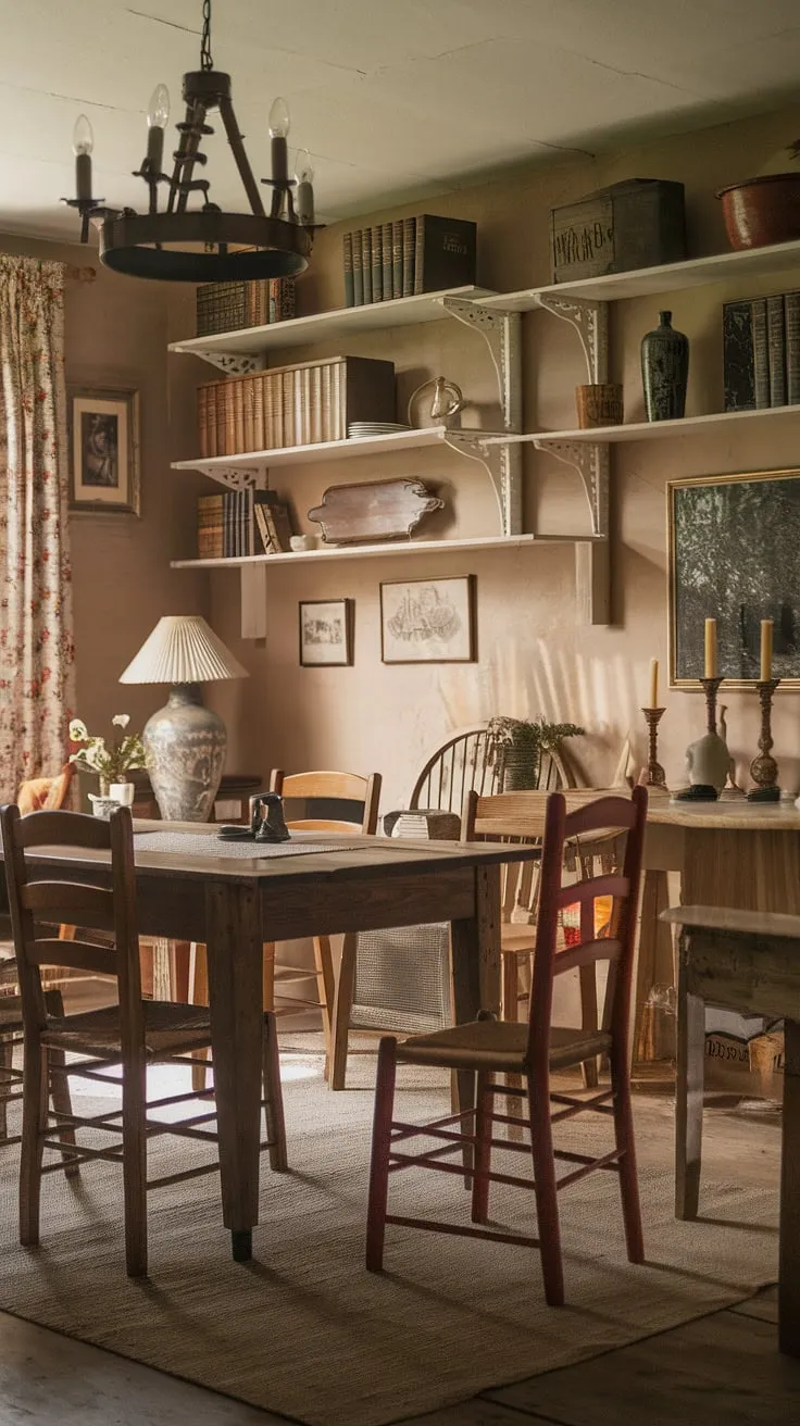 This vintage English cottage-style dining room exudes a cozy ambiance with its rustic wooden table, charming decor, and warm atmosphere, making it the perfect inspiration for vintage home design.
