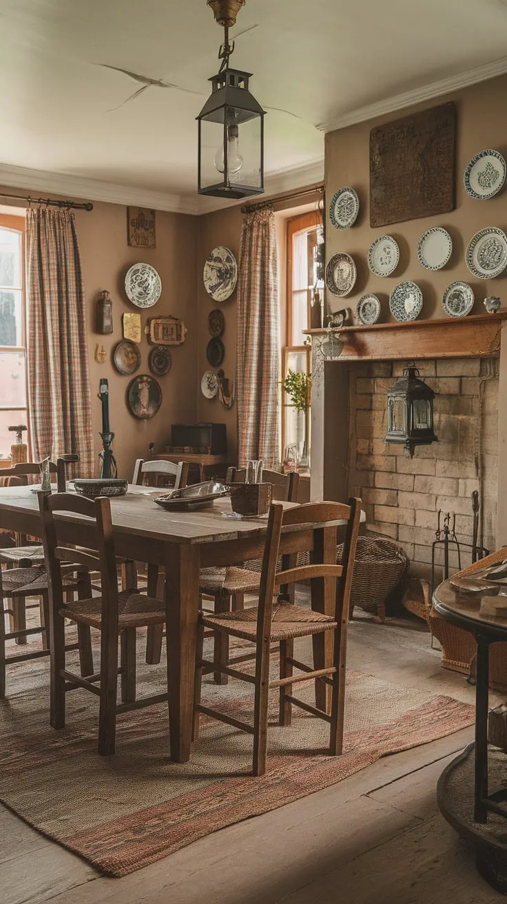 This vintage dining room in an English cottage showcases rustic charm with a cozy atmosphere, featuring a wooden table, antique decor, and a vintage rug, perfect for dining room inspo in farmhouse and cottage interior design.