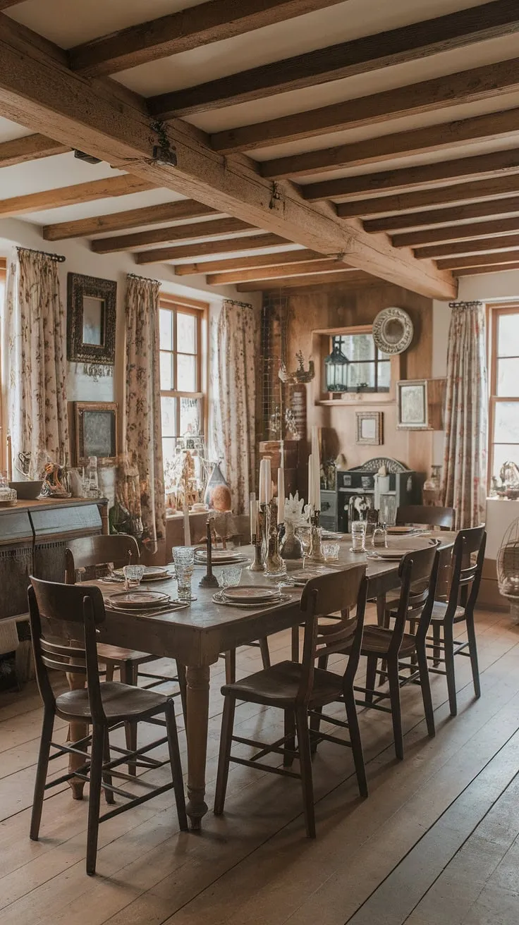 This vintage English cottage-style dining room exudes a cozy atmosphere with rustic decor, a long wooden table set for dining, and charming vintage home design elements that inspire cottage interior aesthetics.