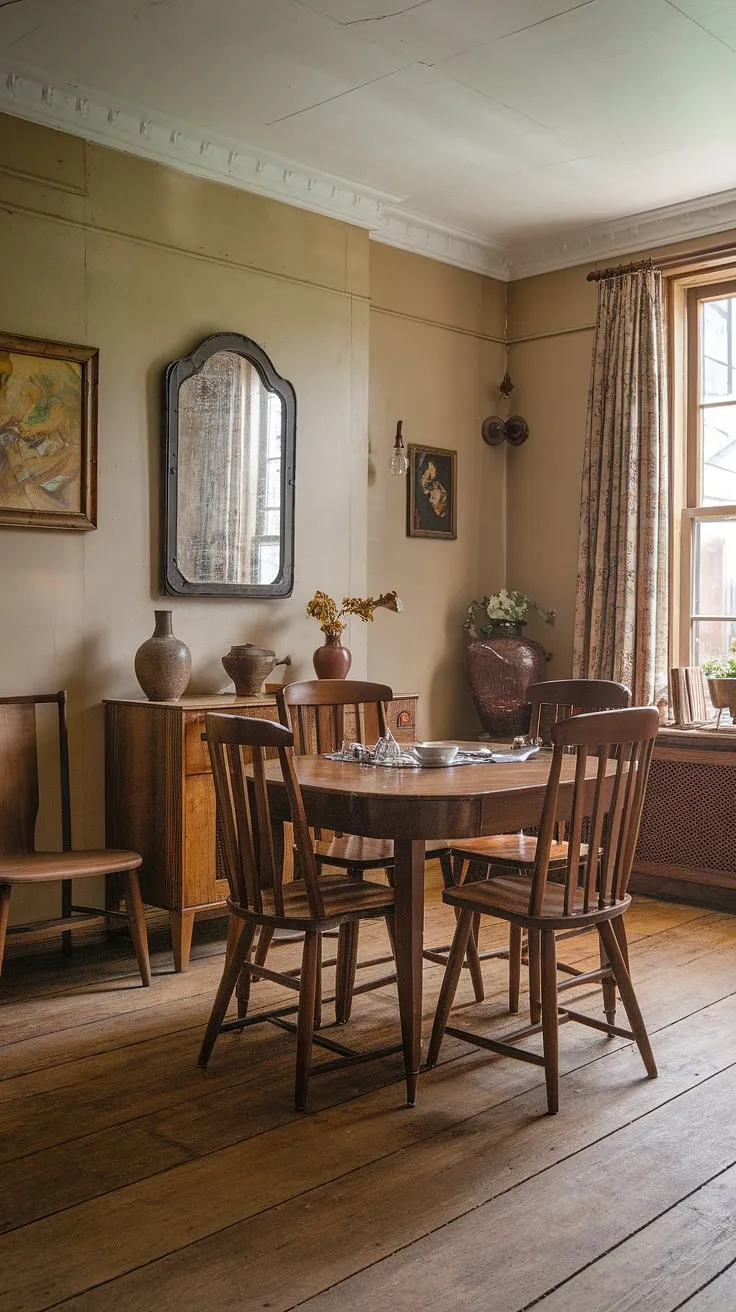 This vintage English cottage-style dining room exudes rustic charm with its cozy ambiance, wooden dining table, and vintage home decor, making it the perfect inspiration for cottage interior and farmhouse dining room designs.