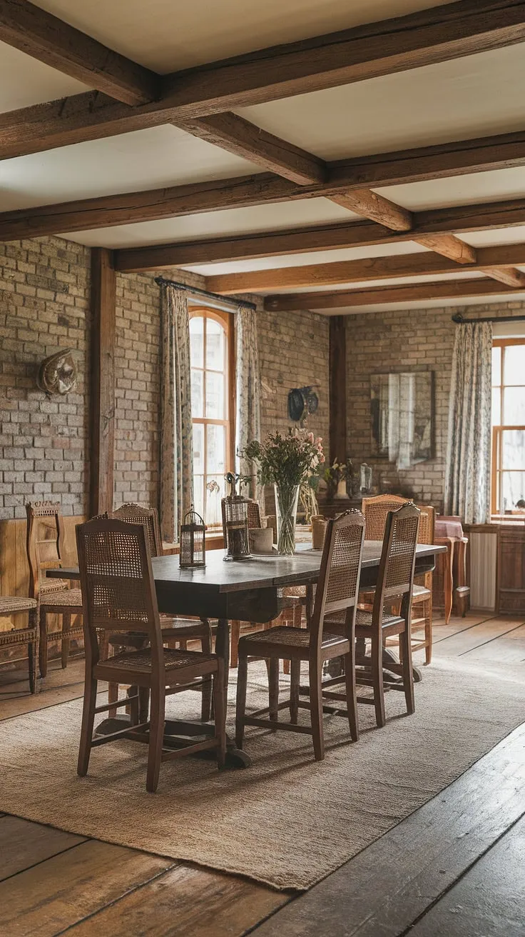 Featuring wooden beams, exposed brick, and a long table surrounded by woven-back chairs, this cottage interior is the perfect dining room inspo for a warm and inviting space.
