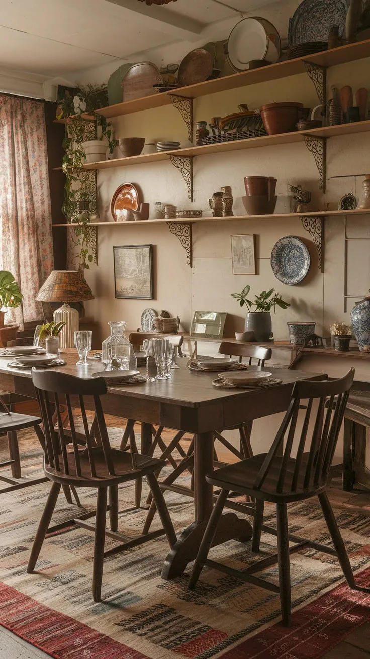 This vintage English cottage-style dining room exudes cozy charm with its rustic decor, wooden furnishings, and warm lighting, making it the perfect inspo for vintage home design.