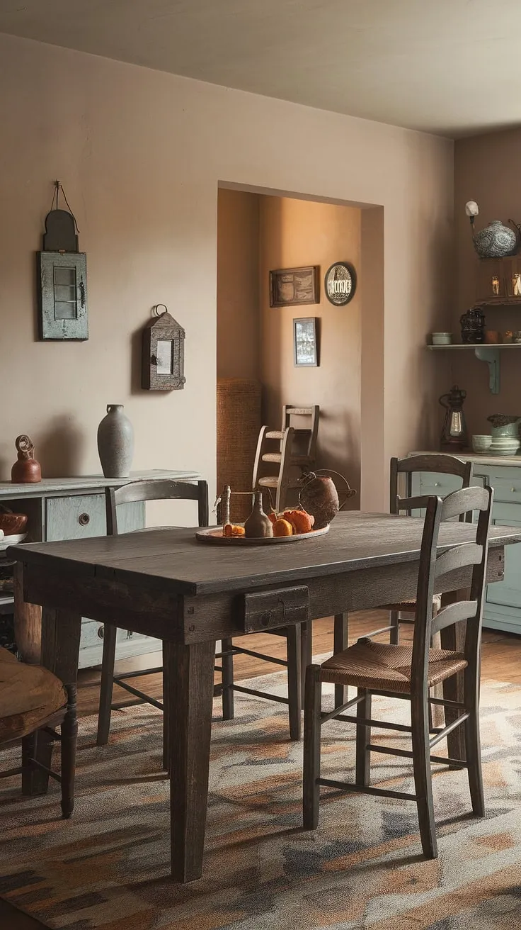 This vintage dining room captures the essence of English cottage style with its rustic farmhouse aesthetic, cozy decor, and charming vintage home design.