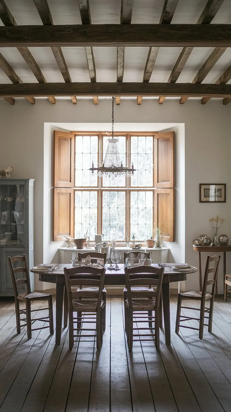 This vintage English cottage-style dining room exudes rustic charm with its wooden beam ceiling, cozy wooden floor, and a beautifully set table, making it the perfect inspo for vintage home decor lovers.
