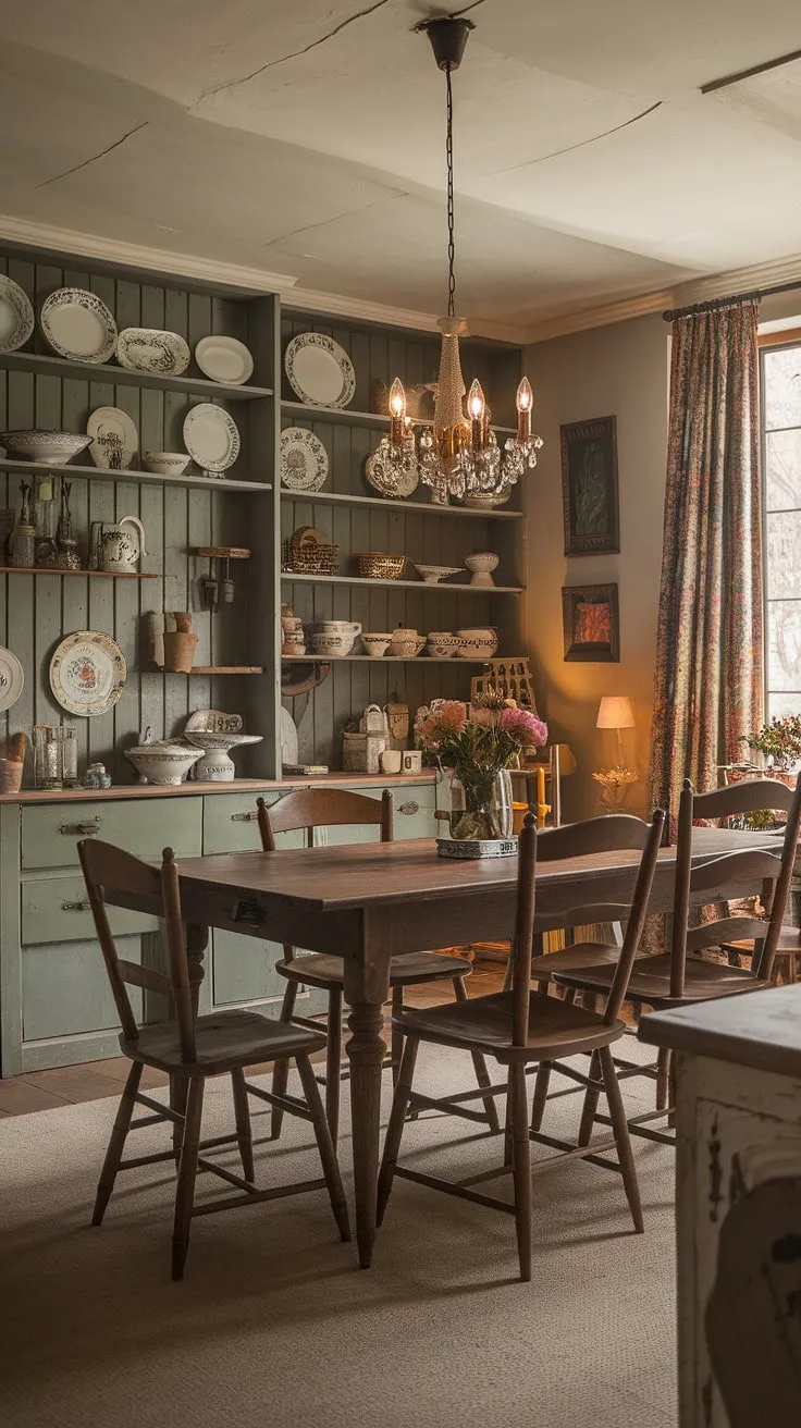 This vintage English cottage-style dining room exudes rustic charm with its cozy ambiance, vintage home decor, and inviting wooden table, making it the perfect inspo for a farmhouse dining room.