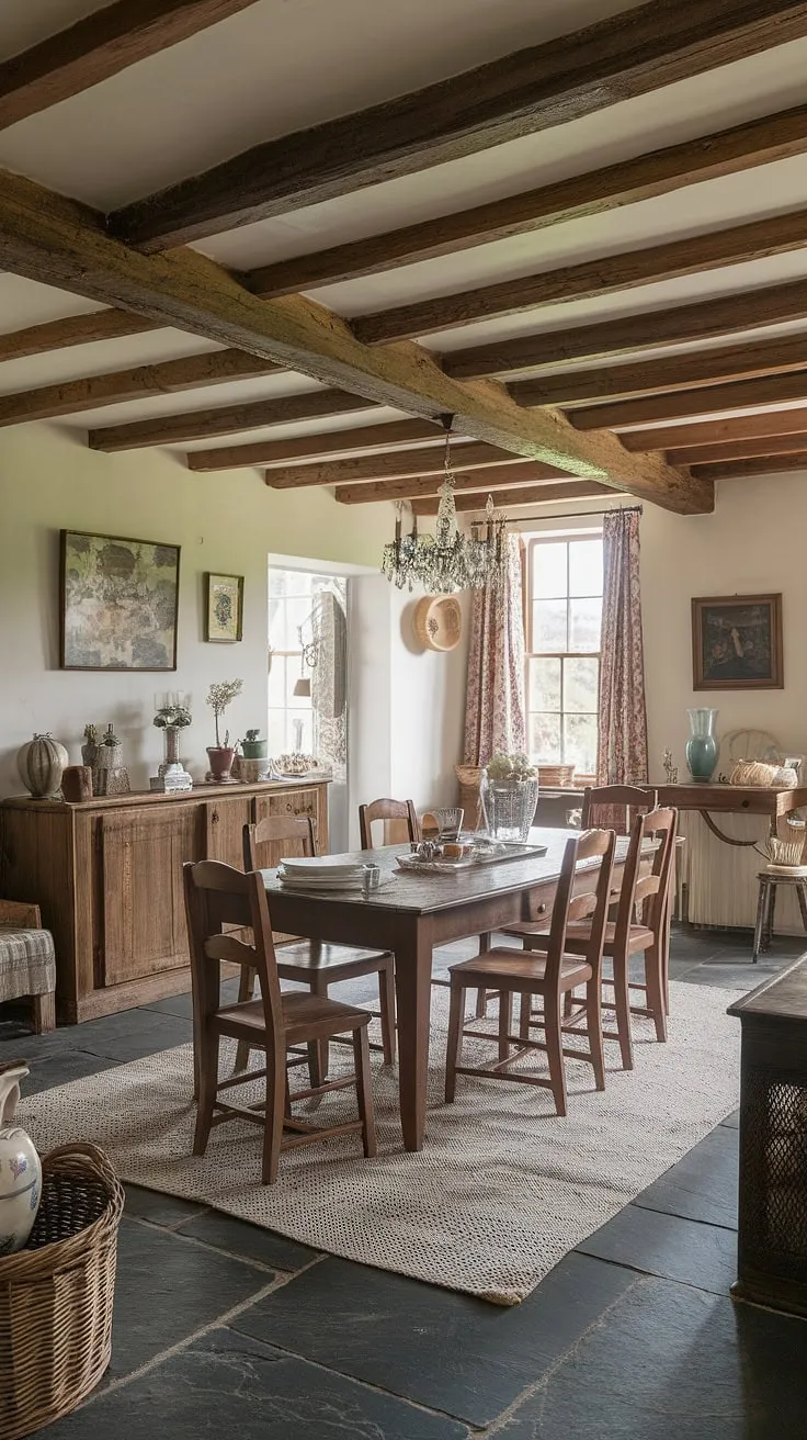 The inviting cottage interior features a wooden beam ceiling and a large table, perfect for dining room inspo in vintage home design.