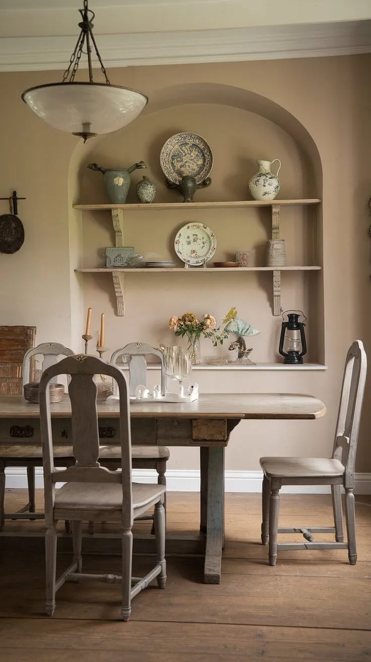 A cozy dining space featuring vintage home decor and rustic elements, this English cottage-style dining room is perfect for inspiring your own farmhouse dining room ideas.