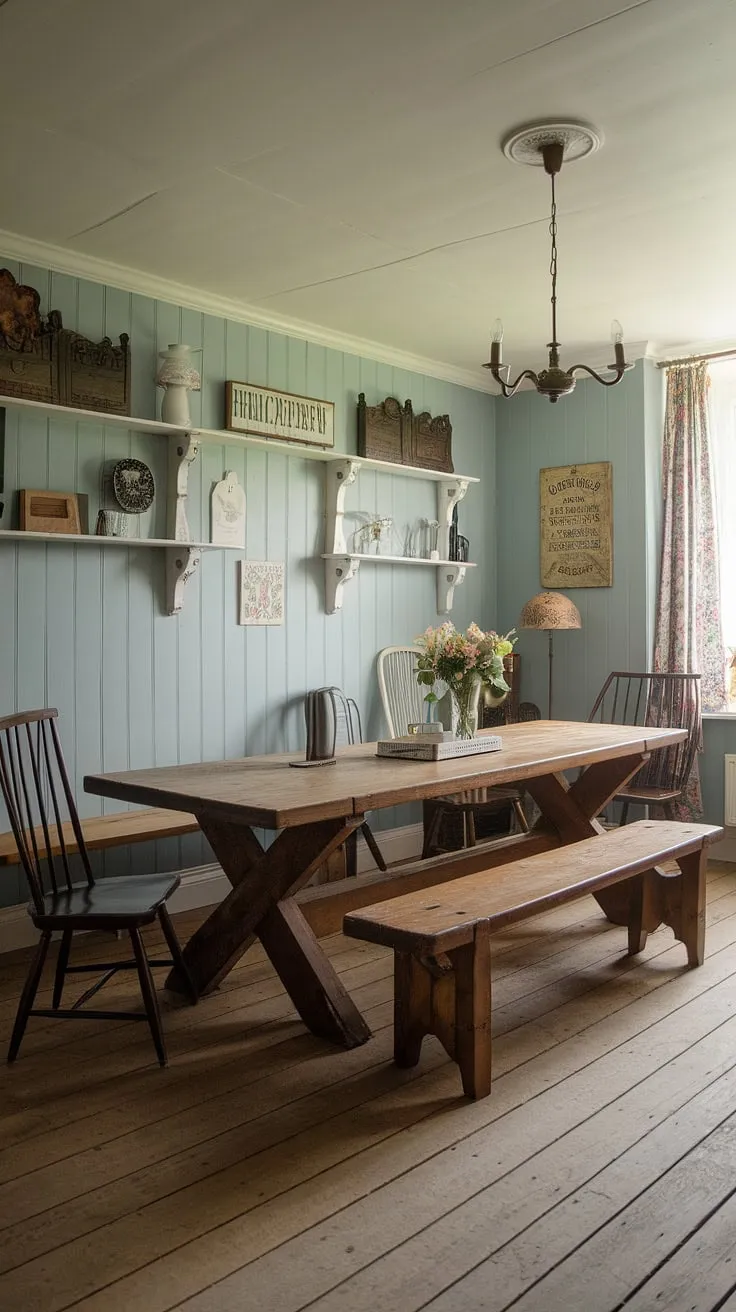The inviting atmosphere of this vintage dining room, featuring a large wooden table and charming decor, embodies the essence of English cottage style and rustic farmhouse design.