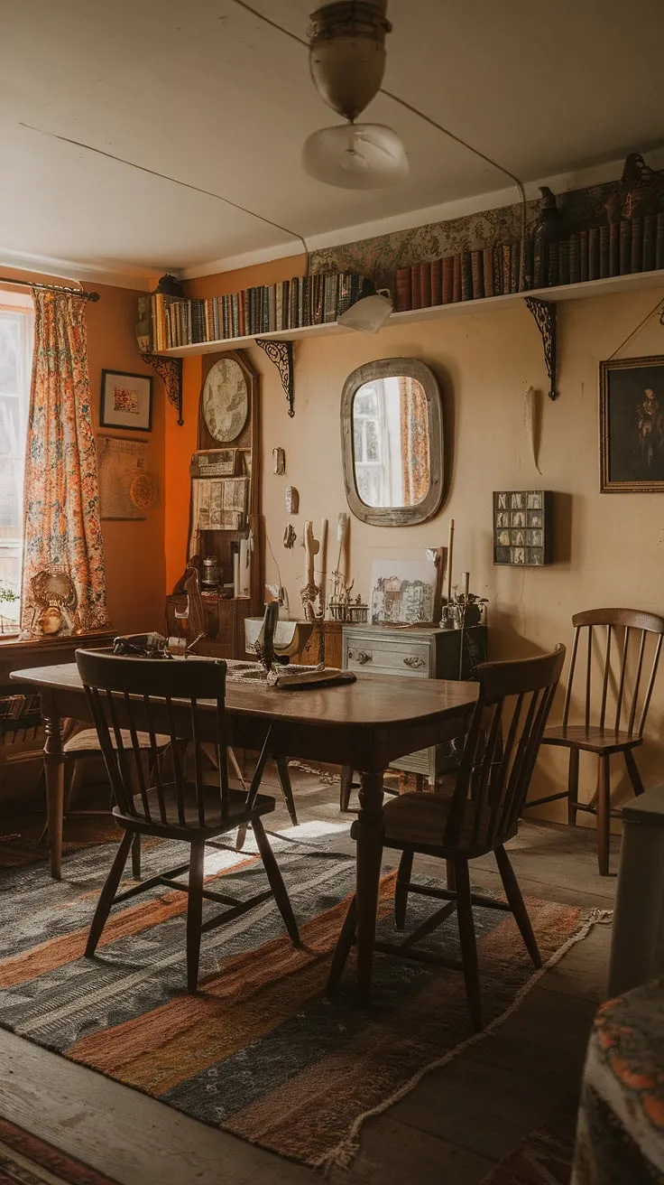 With warm lighting and eclectic decor, this cottage interior captures the essence of vintage home decor, making it an inviting farmhouse dining room.