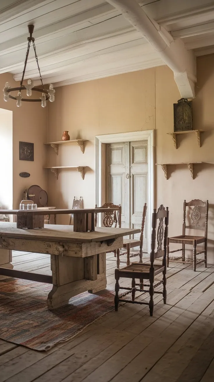 This cozy vintage dining room showcases English cottage style with rustic farmhouse elements, featuring a large wooden table, intricately carved chairs, and a vintage chandelier, making it the perfect inspo for cottage interior and vintage home decor lovers.