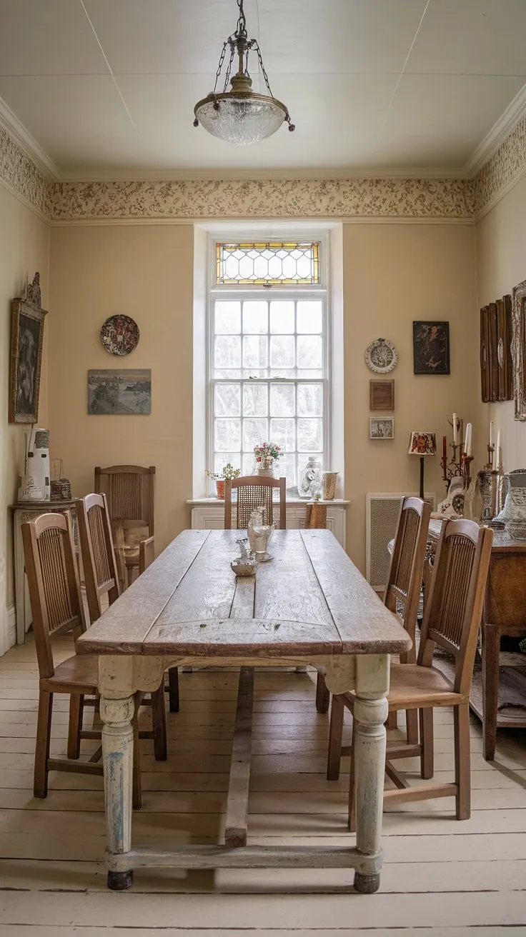 This vintage English cottage dining room features a rustic wooden table, vintage chairs, and charming floral wallpaper, creating a cozy dining space perfect for vintage home decor enthusiasts.
