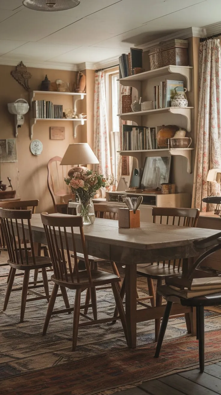 With its long wooden table and charming decor, this vintage dining room captures the essence of cottage interior design, creating a warm and inviting dining space.