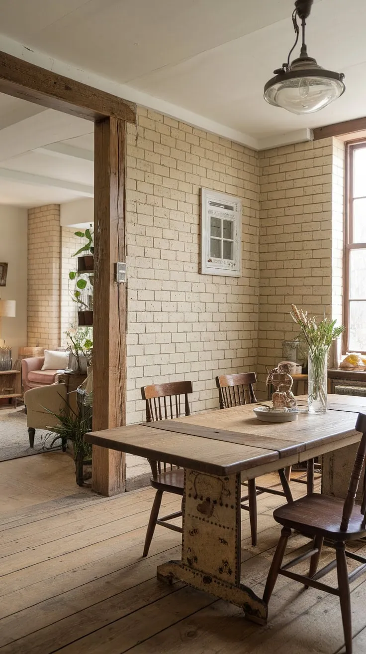 With its beige brick wall, vintage light fixture, and inviting atmosphere, this cottage dining room embodies the essence of farmhouse dining room inspo and vintage home decor.