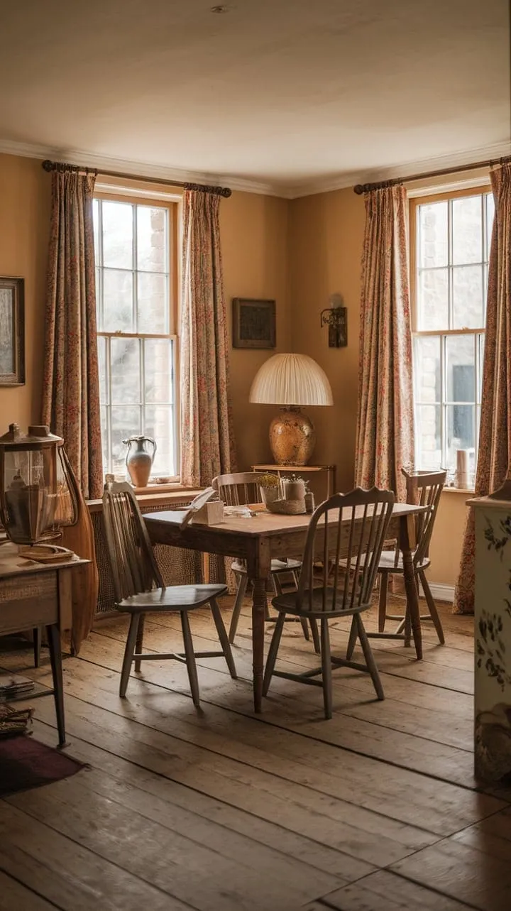The vintage dining room, adorned with aged wood and soft beige walls, radiates a charming rustic elegance perfect for sharing laughter and timeless tales.
